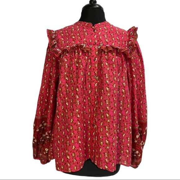 Joie Red Floral Ruffle Boho Blouse NWT Women’s XL | Romantic Peasant Top, Long S - Picture 1 of 15